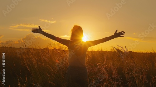 At sunset, a woman stands in a field, arms outstretched, immersed in the warm glow of the descending sun, embodying pure tranquility and connection with nature. 