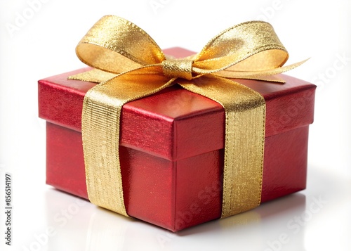 A red gift box wrapped in a shiny gold ribbon, isolated on a white background.



