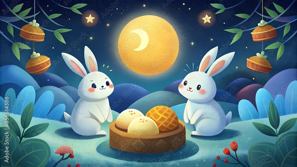 Naklejka premium Lovely Rabbits Enjoying Mooncakes with Happy Mid-Autumn Festival Greeting in Chinese. Perfect for: festival greetings, holiday cards, cultural celebration promotions, Mid-Autumn Festival artwork.