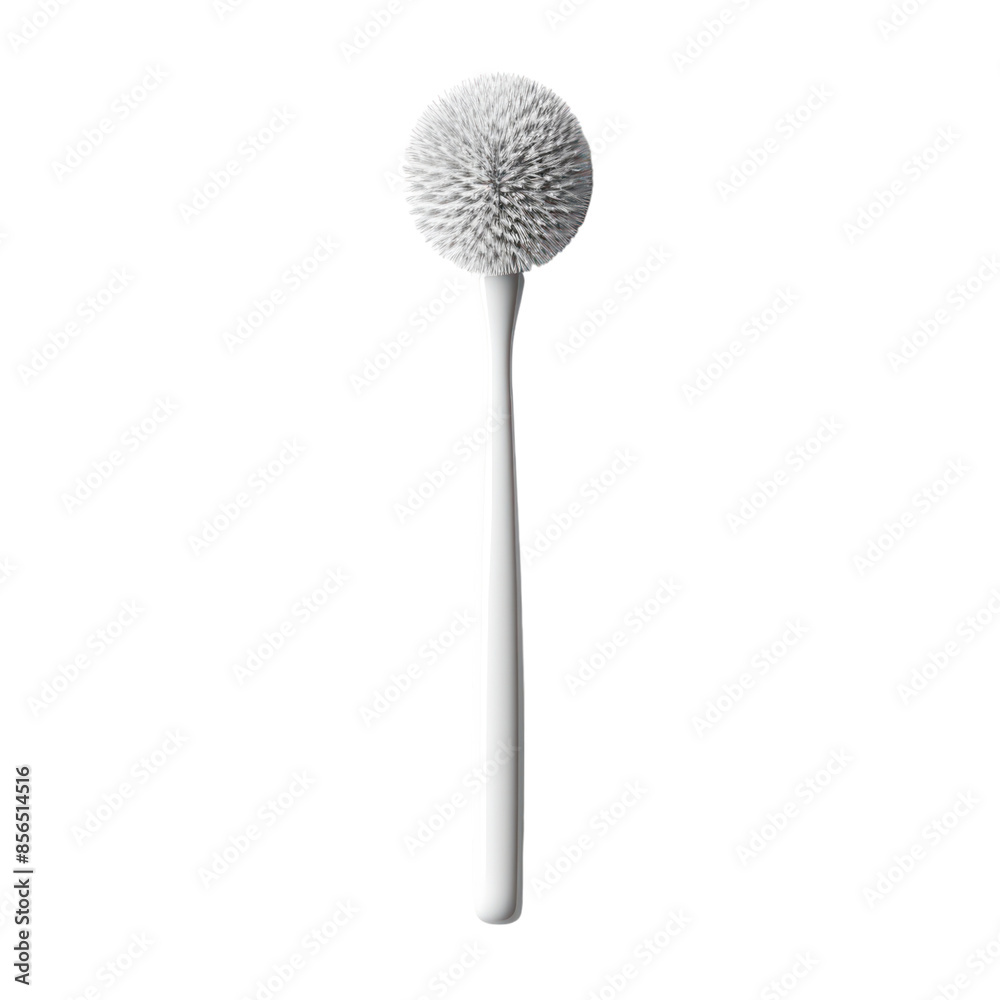 White cleaning brush with a round head and long handle isolated on black background.