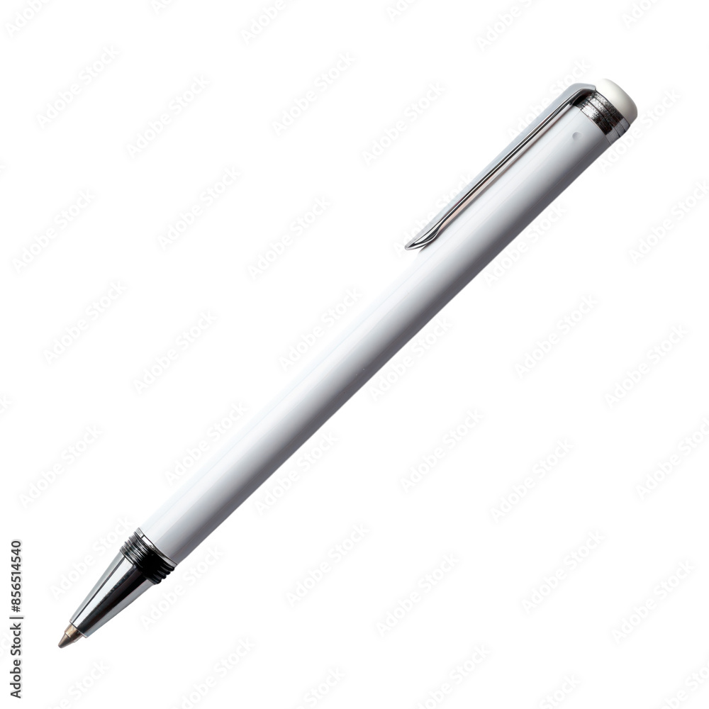 A white pen isolated on a black background. The pen is lying on its side, with the tip pointing to the left. The pen is a classic design, with a silver clip and a white body.