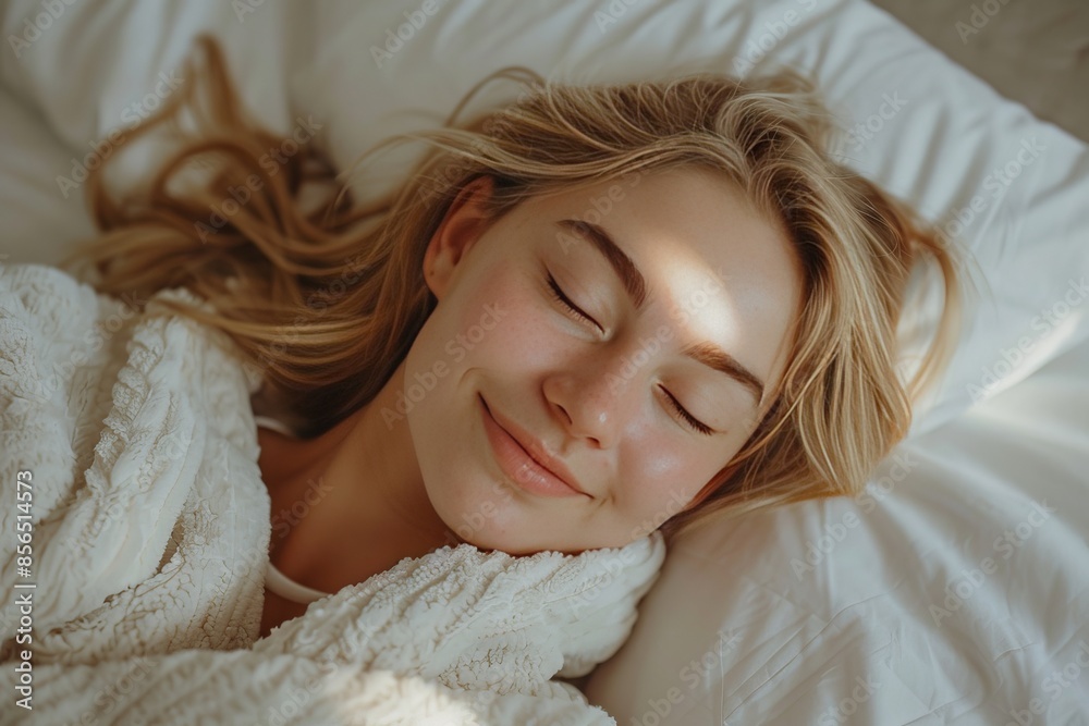 Peaceful woman sleeping in bed, wrapped in cozy blanket, showing contentment and relaxation in morning light. Peaceful woman sleeping in bed, wrapped in cozy blanket, showing contentment and relaxation in morning light.