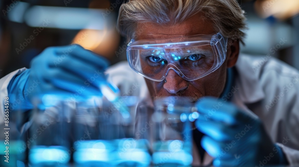 With utmost care, a scientist donned in goggles and mask transfers liquid from a beaker to a test tube, completely absorbed in the precise scientific process, bathed in a serene blue hue.
With utmost care, a scientist donned in goggles and mask transfers liquid from a beaker to a test tube, completely absorbed in the precise scientific process, bathed in a serene blue hue.