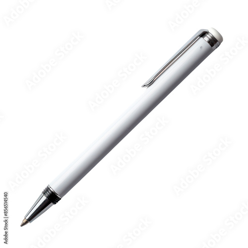 Obraz na płótnie A white pen isolated on a black background. The pen is lying on its side, with the tip pointing to the left. The pen is a classic design, with a silver clip and a white body. w salonie