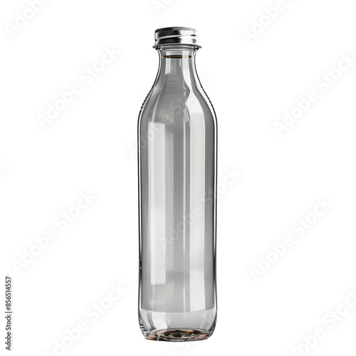 Clear glass bottle with silver lid, isolated on black background.