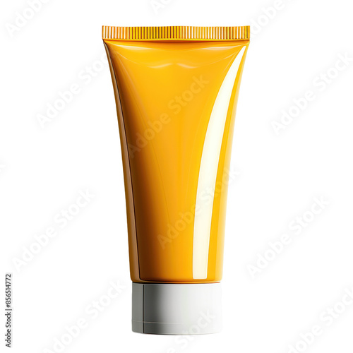 A yellow squeeze tube with a white cap, isolated on a white background. photo