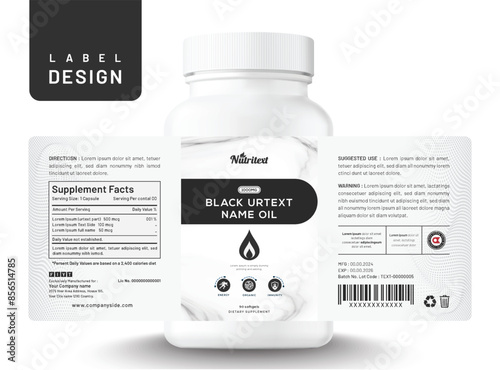 Food supplement vitamin label oil sticker creative modern design dietary bottle jar box packaging.