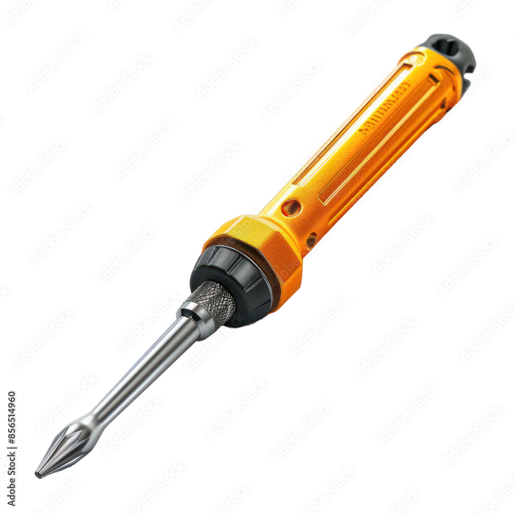 A yellow and black screwdriver with a metal tip isolated on a black background. A yellow and black screwdriver with a metal tip isolated on a black background.