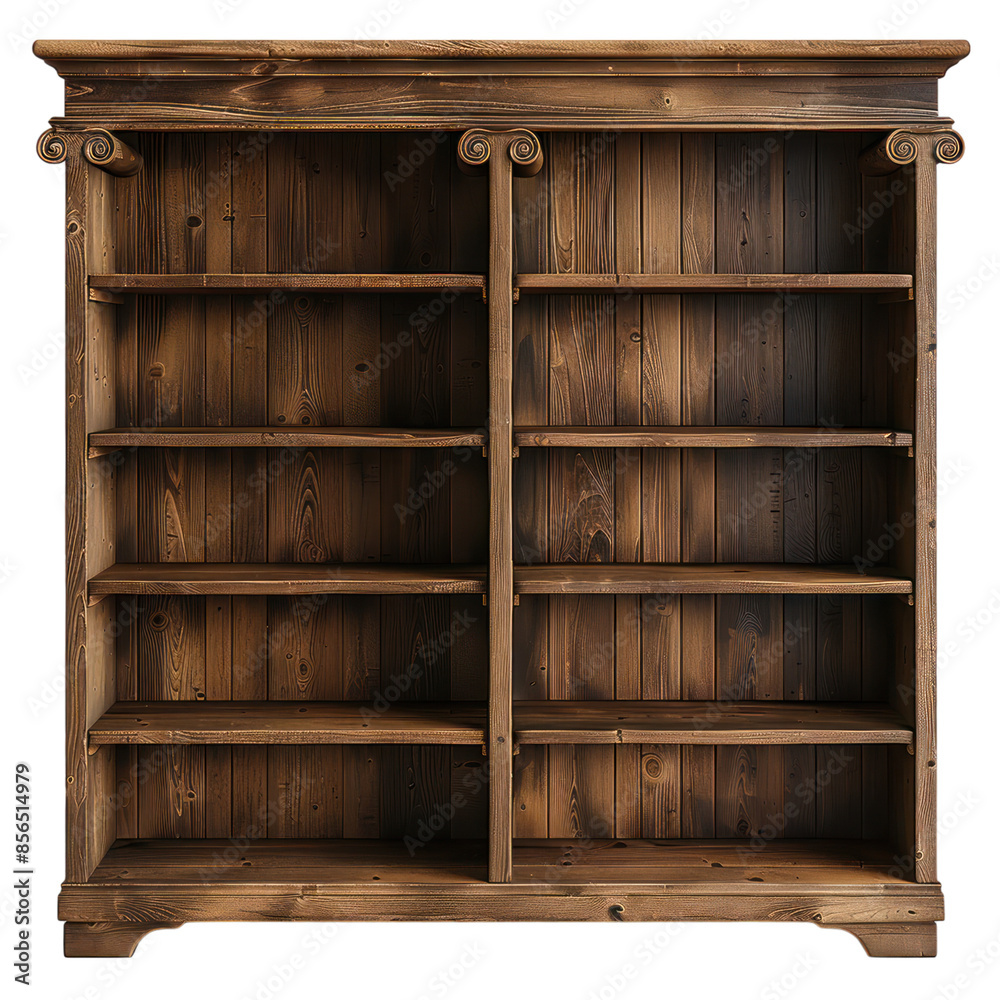 Rustic wooden bookcase with ornate detailing and multiple shelves. Perfect for displaying books, decor, or showcasing your personal style. Rustic wooden bookcase with ornate detailing and multiple shelves. Perfect for displaying books, decor, or showcasing your personal style.