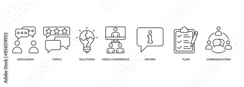 Meeting banner web icon illustration for business meeting and discussion with communications, topics, solutions, plan and inform