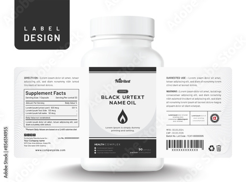 Food supplement vitamin label oil sticker creative modern design dietary bottle jar box packaging.