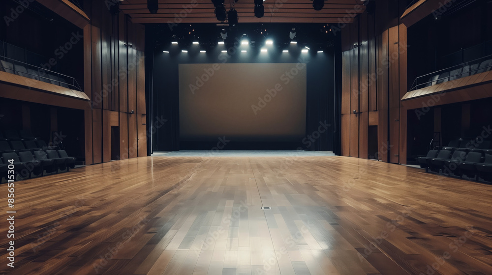 Fototapeta premium An empty auditorium stage with a polished wooden floor and a screen at the back. The stage is illuminated by spotlights and the room is empty