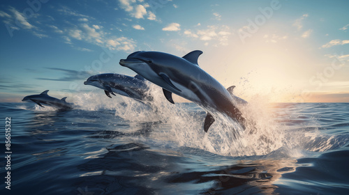Pod of dolphins leaping out of Deep blue ocean with a hint of a distant shoreline © NOPPHINAN