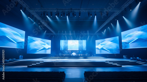 An empty stage with a large screen setup at a modern conference venue. The stage is lit with spotlights, and there are chairs in the audience area