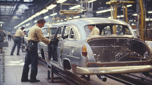 Wallpaper Mural A worker checks the assembly of vintage car body panels on a factory production line Torontodigital.ca