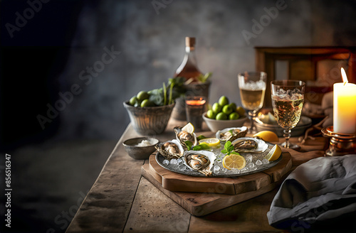 still life with fresh oyster on ice with slice of lemon 