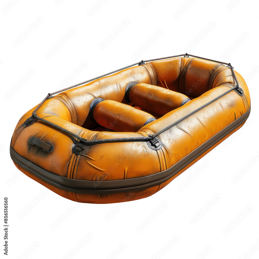 An orange inflatable raft with black and blue accents, isolated on a white background.
