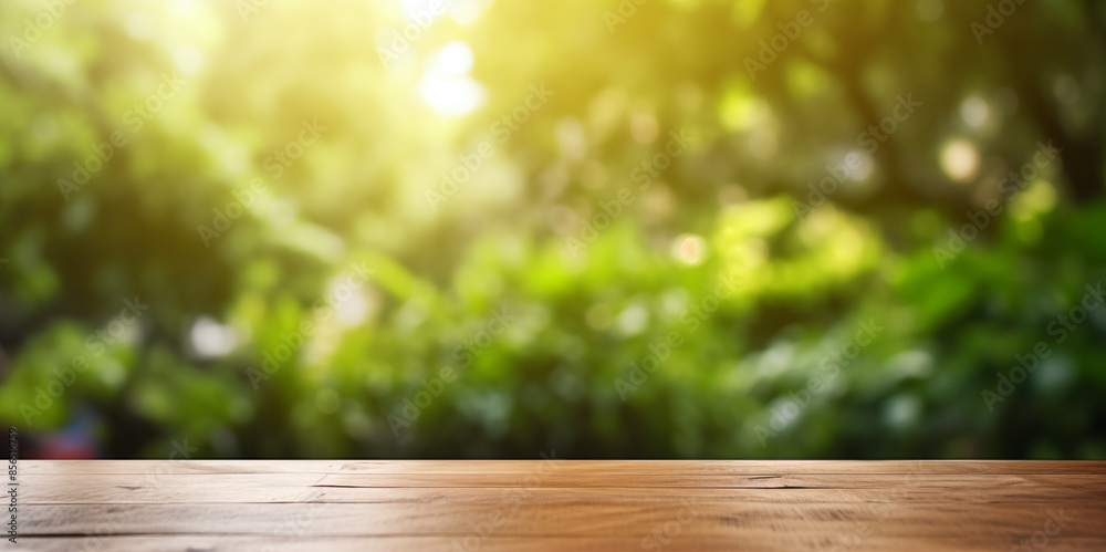 Wooden table top with a beautifully blurred background of a sunlit, abstract green garden. Wooden table top with a beautifully blurred background of a sunlit, abstract green garden.