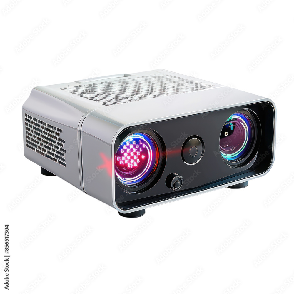 A close-up of a modern projector with a lens and a red laser light. The projector is silver and black.