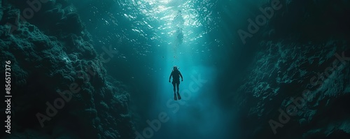 A lone diver explores a dark, underwater cavern illuminated by a shaft of light. photo