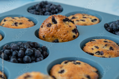 Fresh baked blueberry muffins. Tasty Sweet cupcake. Pastry homemade dessert. Berry pie in silicone muffin tin. Healthy vegan cupcakes Baked in reusable silicon forms