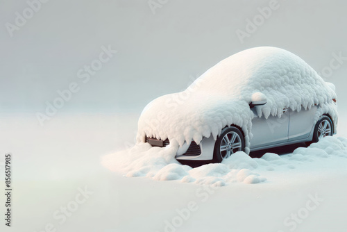 The car is covered with snow. Space for text.