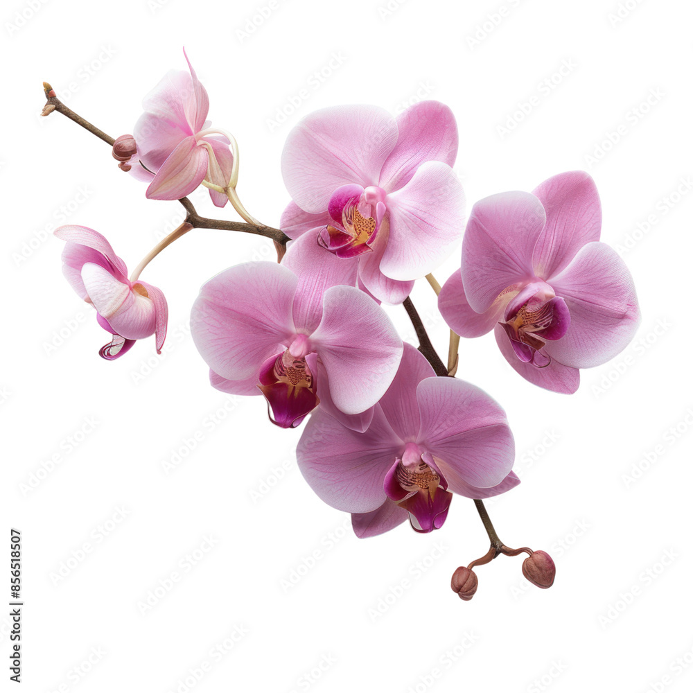 Pink orchid flowers on a branch with a black background. Pink orchid flowers on a branch with a black background.