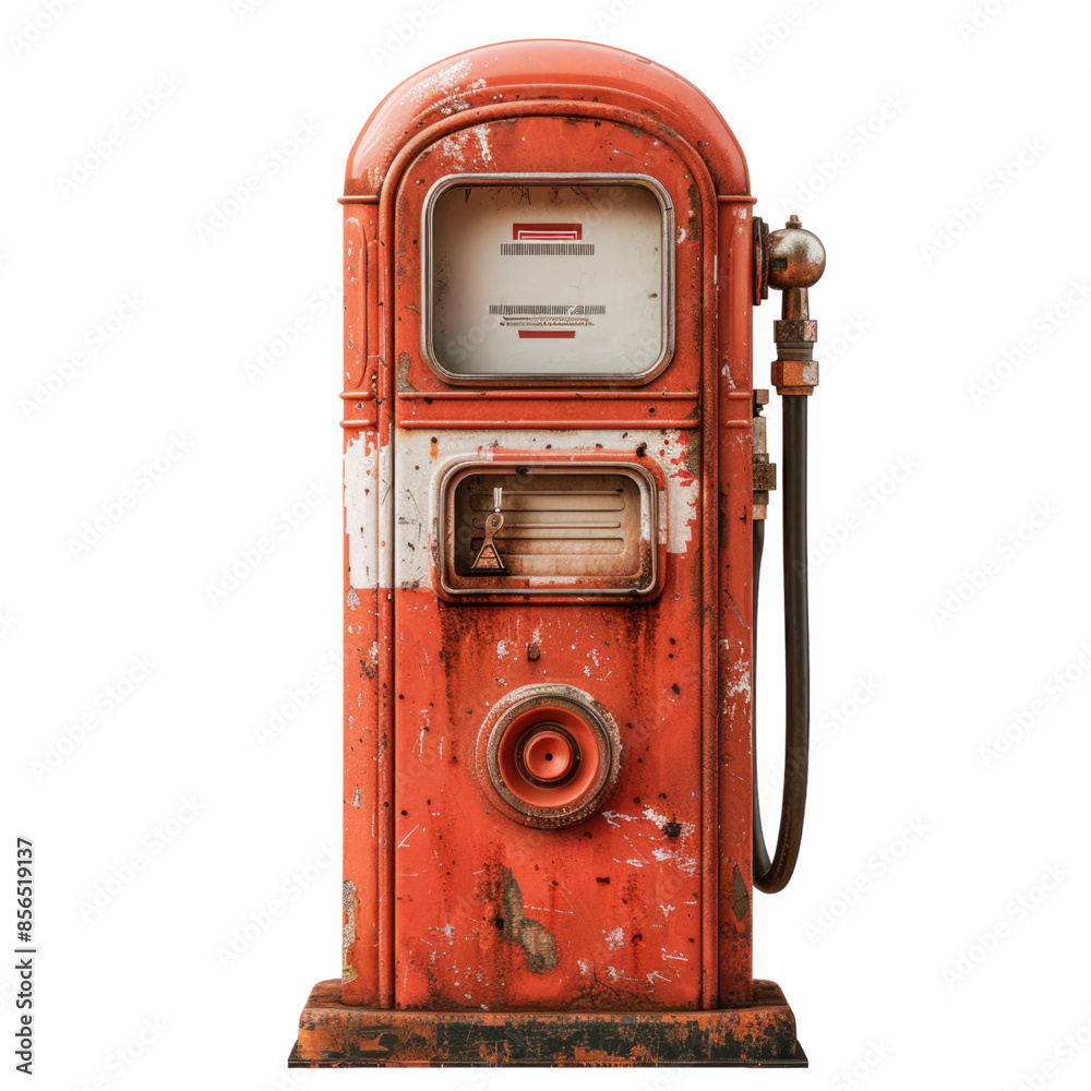 A vintage red gas pump with peeling paint and rust. The pump has a glass display and a single nozzle.