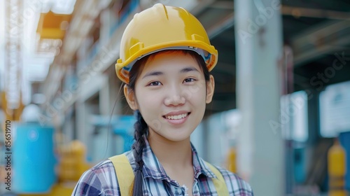 Happy asian woman in an engineer hard hat at a construction site. Work process, construction of a house. copy space for text. © Naknakhone