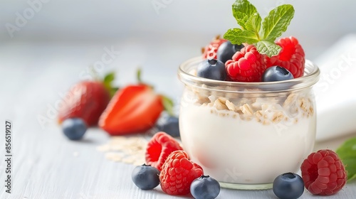 Visually Appealing Glass Jar of Creamy Overnight Oats with Mixed Berries and Mint Garnish, copy space