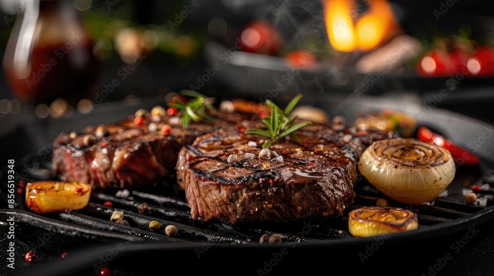 Close-up of juicy grilled steaks with herbs, onions, and peppers, served on a sizzling hot grill pan. Perfect for barbecue and food enthusiasts. Close-up of juicy grilled steaks with herbs, onions, and peppers, served on a sizzling hot grill pan. Perfect for barbecue and food enthusiasts.