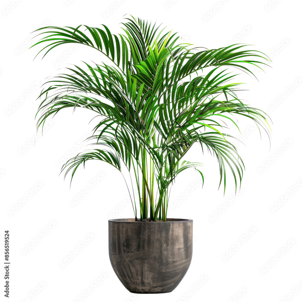 A lush green potted palm tree with long, slender leaves, isolated on a black background. A lush green potted palm tree with long, slender leaves, isolated on a black background.