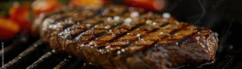 Close-up of a juicy, perfectly grilled steak with grill marks, surrounded by vegetables. Ideal for BBQ, gourmet cooking, and food photography.