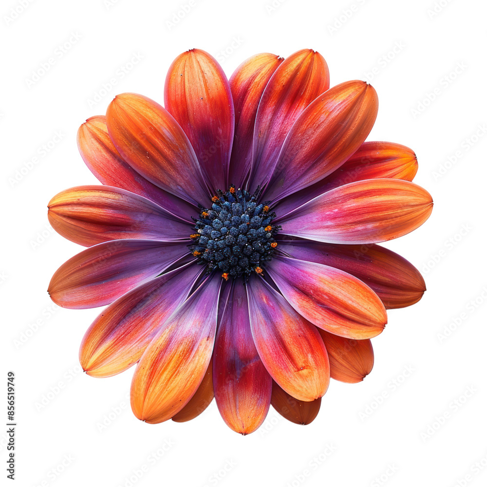 Vibrant orange and purple daisy with a dark blue center, isolated on black background. Vibrant orange and purple daisy with a dark blue center, isolated on black background.
