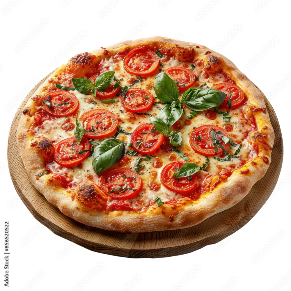 A delicious margherita pizza with fresh basil and tomato toppings on a wooden board.