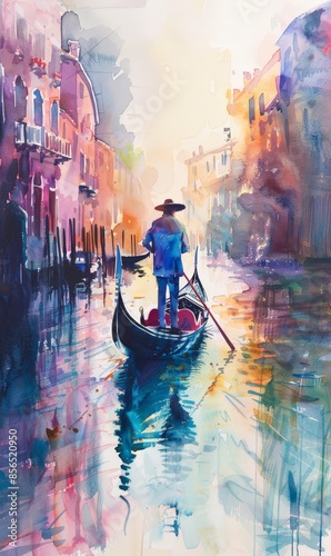 A watercolor painting of a merchant rowing a gondola on the canal into the city. Use for phone wallpapers, posters, postcards, brochures.