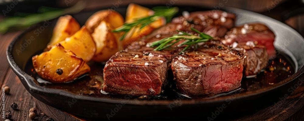 Sizzling steak and roasted potatoes in a cast-iron skillet, garnished with fresh herbs, perfect for a hearty meal or elegant dinner. Sizzling steak and roasted potatoes in a cast-iron skillet, garnished with fresh herbs, perfect for a hearty meal or elegant dinner.