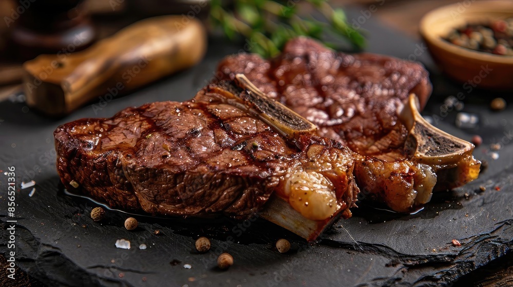 Juicy grilled steak on a slate platter with seasoning and herbs. Perfect for a gourmet meal or food photography inspiration. Juicy grilled steak on a slate platter with seasoning and herbs. Perfect for a gourmet meal or food photography inspiration.