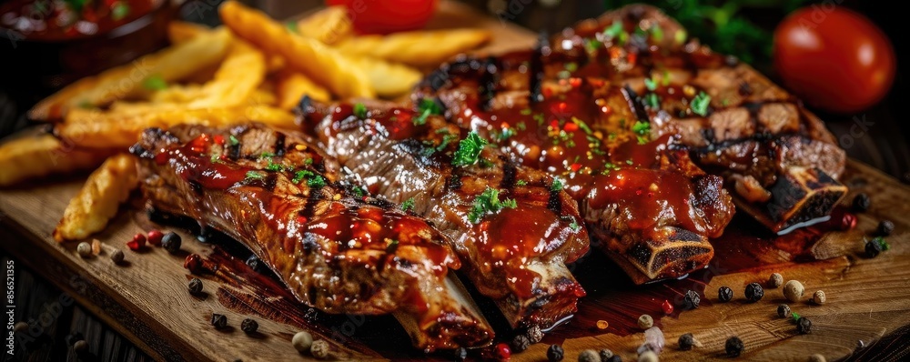 Fototapeta premium Delicious bbq ribs with french fries, garnished with herbs on a wooden cutting board, perfect for a hearty meal, close-up view.