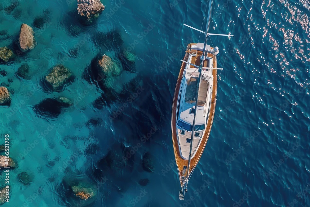 Fototapeta premium Aerial view of a sailboat gliding on clear blue water, surrounded by rocks, highlighting the beauty of the ocean and maritime adventure.