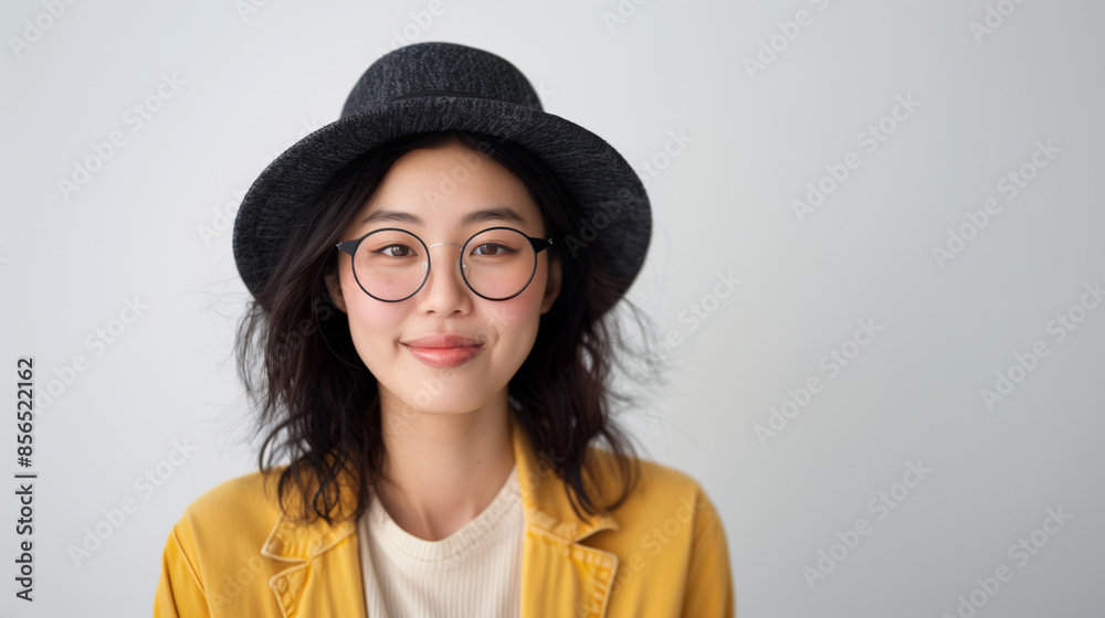 Young Asian woman wearing glasses and a hat smiling at the camera. Young Asian woman wearing glasses and a hat smiling at the camera.