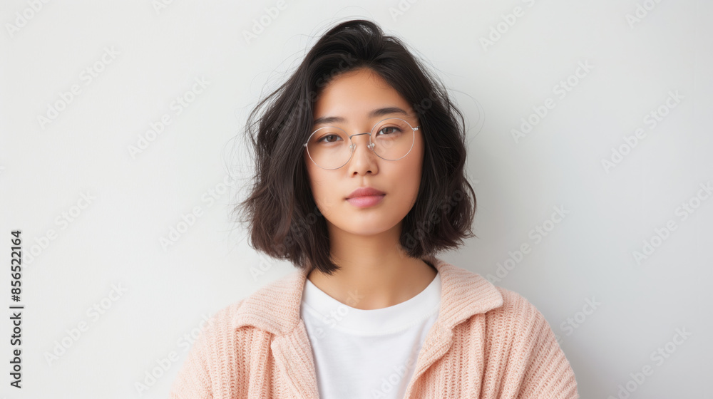 Young woman with short black hair and glasses posing against white background. Young woman with short black hair and glasses posing against white background.