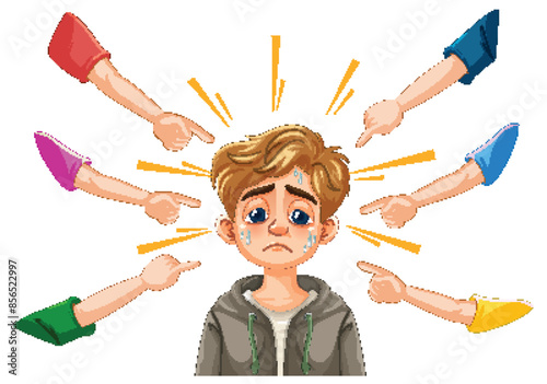 Sad boy surrounded by pointing fingers