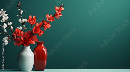 A branch with red flowers sits in a white vase on a pale green table against a dark green background.   © Muzamil