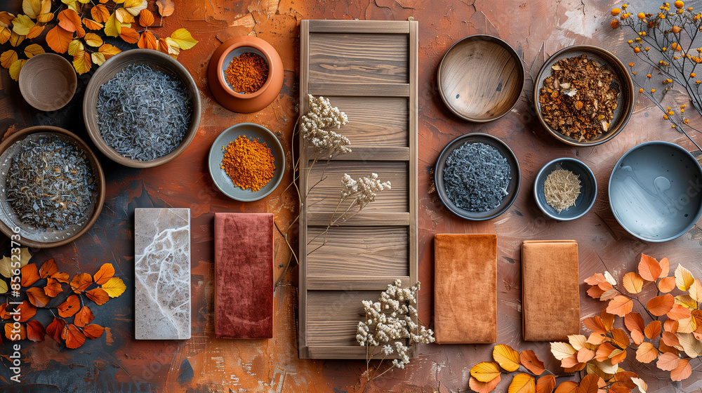 A flat lay of interior design material samples including marble, wood, and stone in neutral and earthy tones, minimalist photography, trending on Pinterest A flat lay of interior design material samples including marble, wood, and stone in neutral and earthy tones, minimalist photography, trending on Pinterest