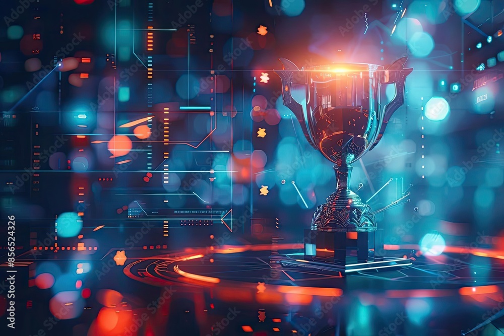 Futuristic digital trophy with glowing neon lights and abstract tech ...