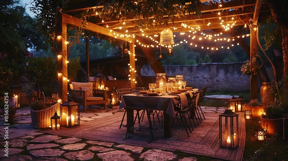 Fototapeta premium An outdoor dining area under a pergola, with string lights hanging above and soft, ambient lighting from nearby lanterns and candles, creating a warm and intimate setting for al fresco dining