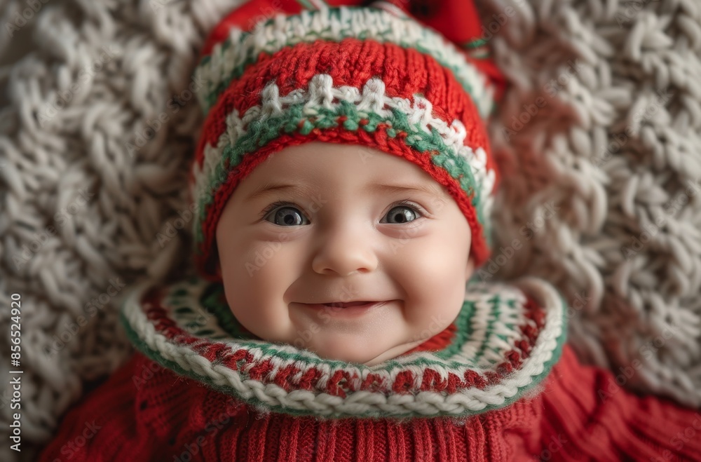 Studio shot, Top view photo of a smiling baby in a red elf costume with a white and green striped hat, on a light grey background. Studio shot, Top view photo of a smiling baby in a red elf costume with a white and green striped hat, on a light grey background.