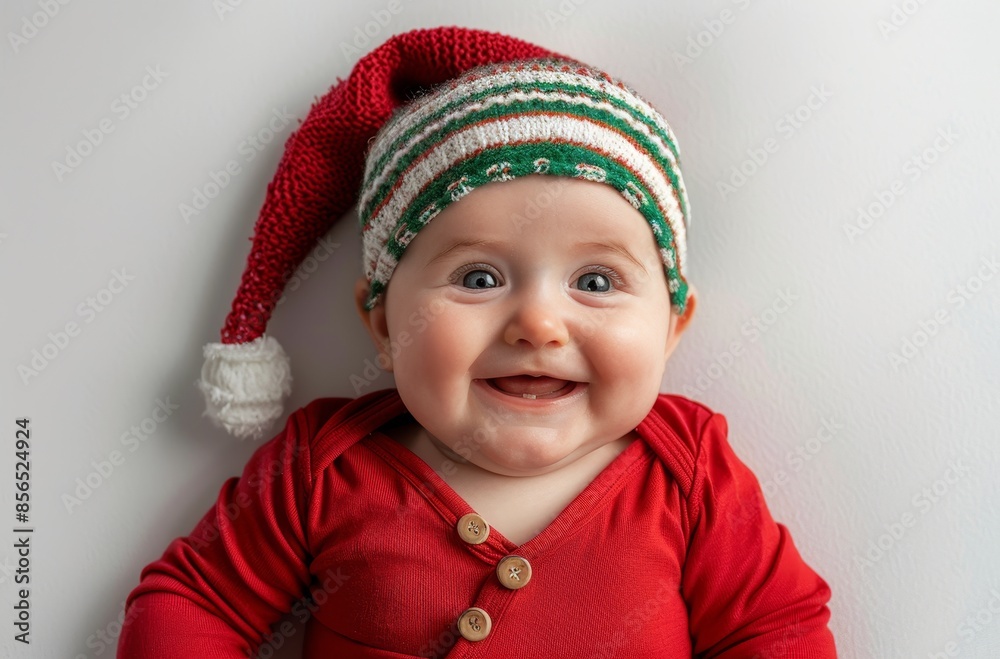 Studio shot, Top view photo of a smiling baby in a red elf costume with a white and green striped hat, on a light grey background.