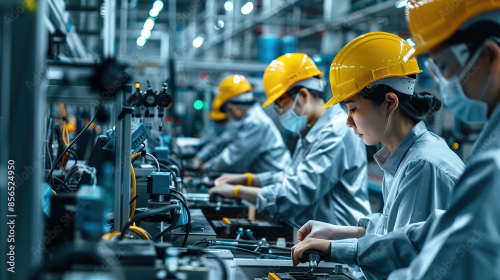 Photo of asian workers working at technology production factory with industrial machines and cables building electronic smartphones. copy space for text. Photo of asian workers working at technology production factory with industrial machines and cables building electronic smartphones. copy space for text.